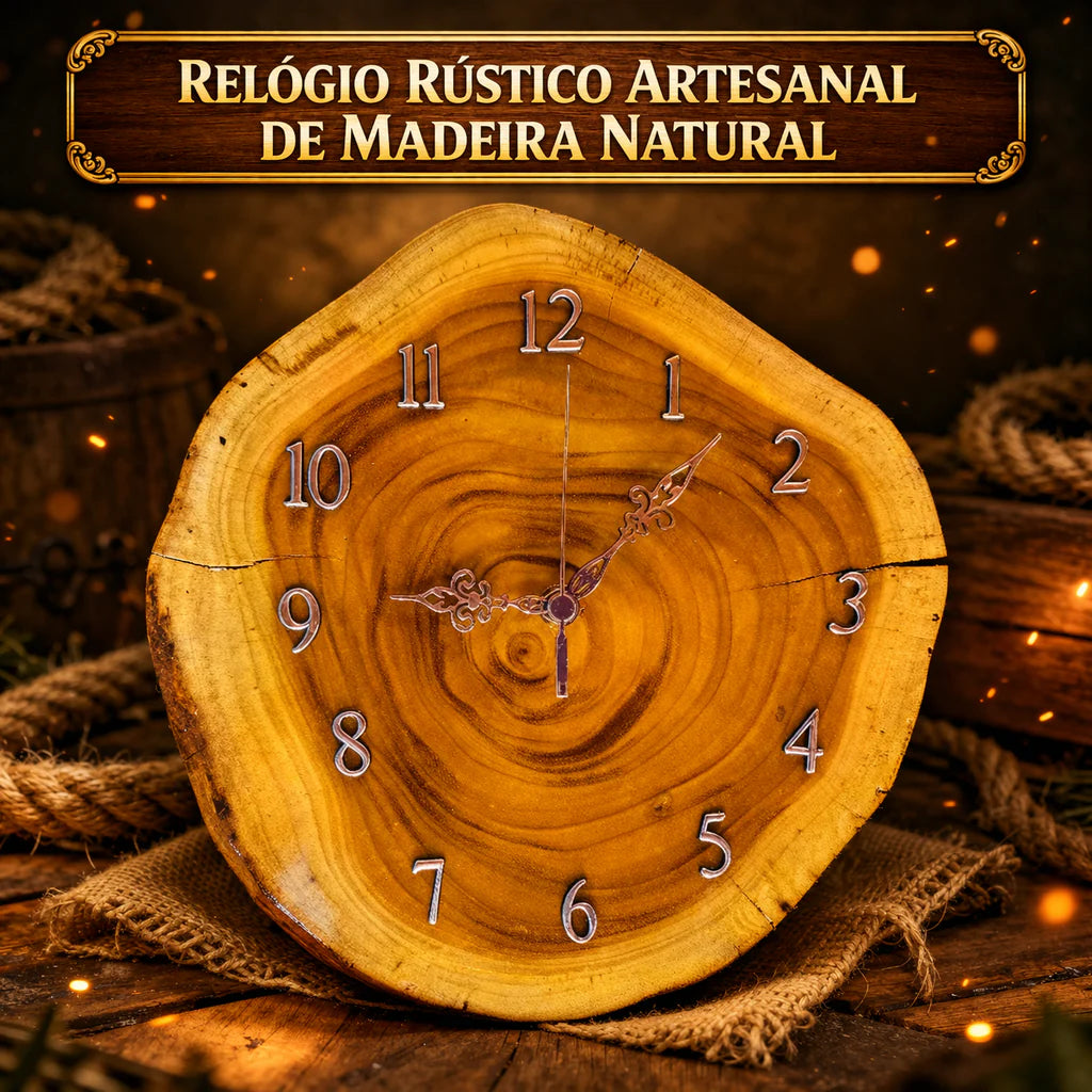 Relógio Rustico Artesanal de Madeira Natural
