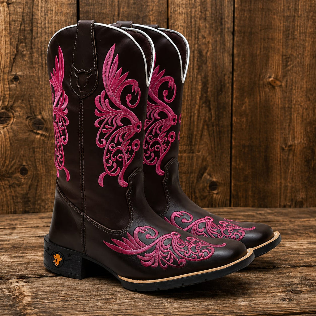 Bota Texana Feminina Floral Rosa