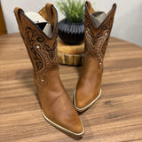Bota Texana Tribal Em Couro Havana Cano Tradicional Bordado Tribal Bico Fino Solado Madeira